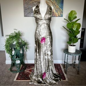 Beaded gray & magenta floral silk maxi dress by Nina Austin, size XL!